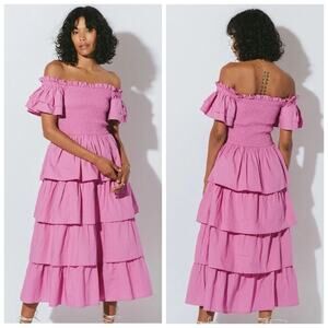 Cleobella NEW Kaiya Tiered Cotton Smocked Ruffle Sleeve Midi Dress Azalea Pink